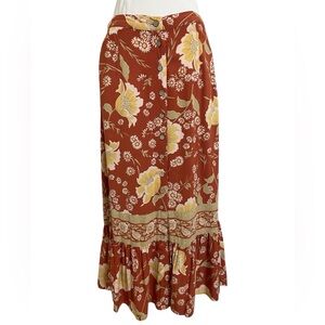 CYNTHIA ROWLEY A-Line Button Front Rust Tan Print Midi Skirt Small with Pockets